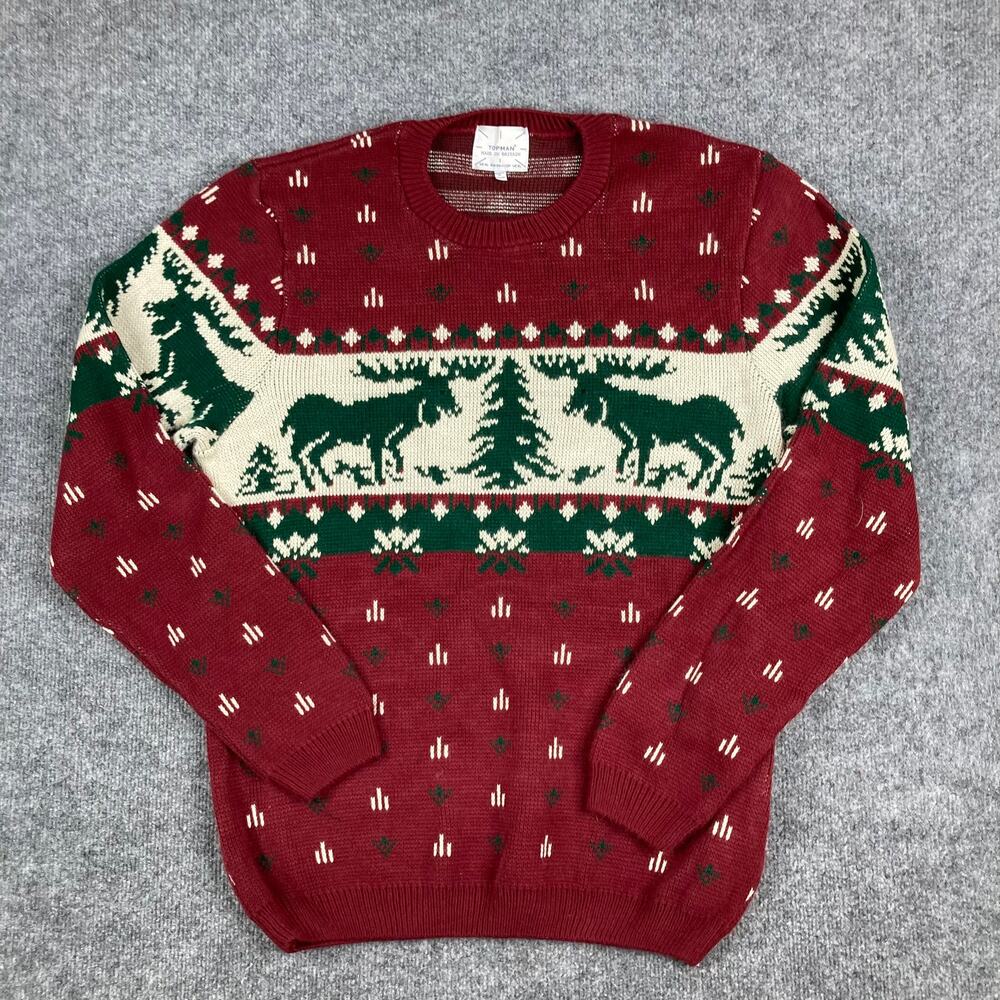 Topman Sweater Mens XL Red Green Reindeer